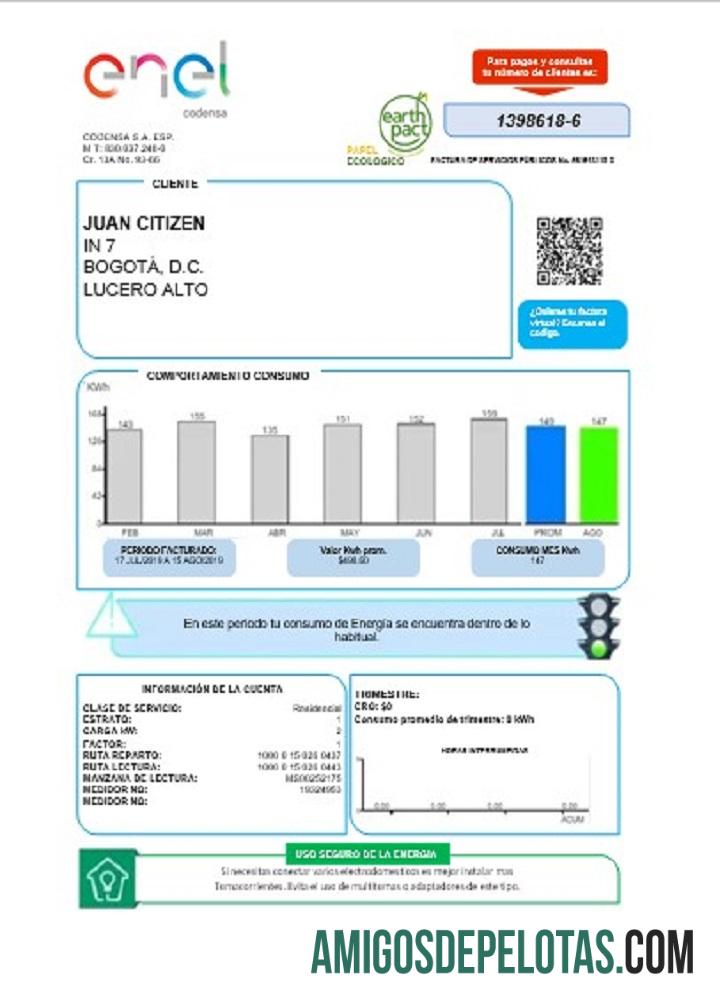 Conta de serviços públicos de energia ENEL da Colômbia modelo